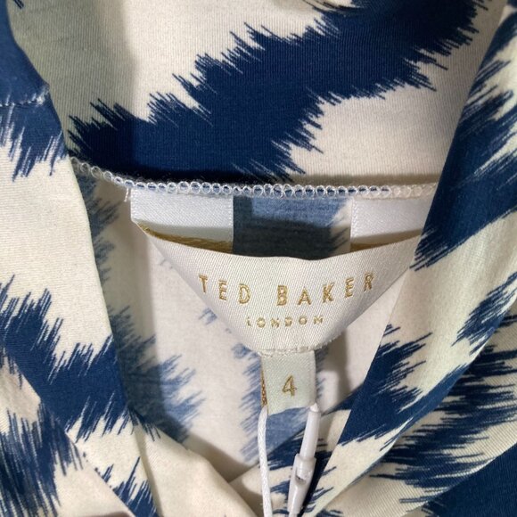 Ted Baker Mock Neck Jersey Printed Dress 12 Cream Blue NWT Cotton Elastane - Picture 7 of 11